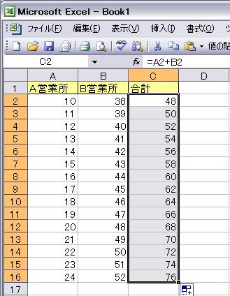 セル右下をダブルクリックすることで式を全てのセルに貼り付けることが出来ます セル右下をダブルクリックすることで式を全てのセルに貼り付けることが出来ます
